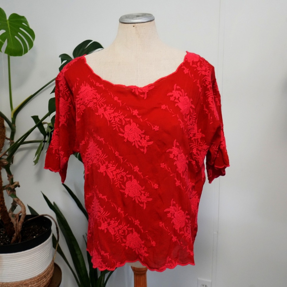 Johnny Was Red Floral Burnout Short Sleeve Blouse
